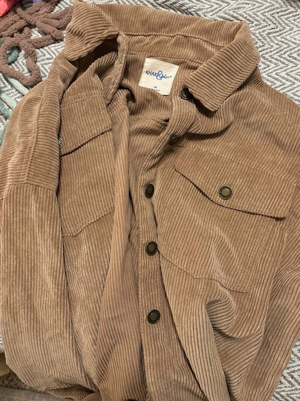 Khaki & Blue Tan Corduroy Oversized Button Down Shacket